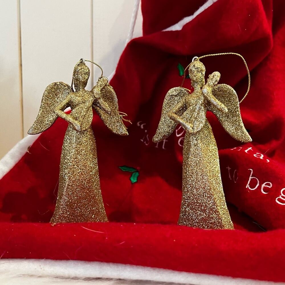 NEW Pottery Barn Angels Winged Sparkling Glitter Holiday Ornaments Set Gold NWOT